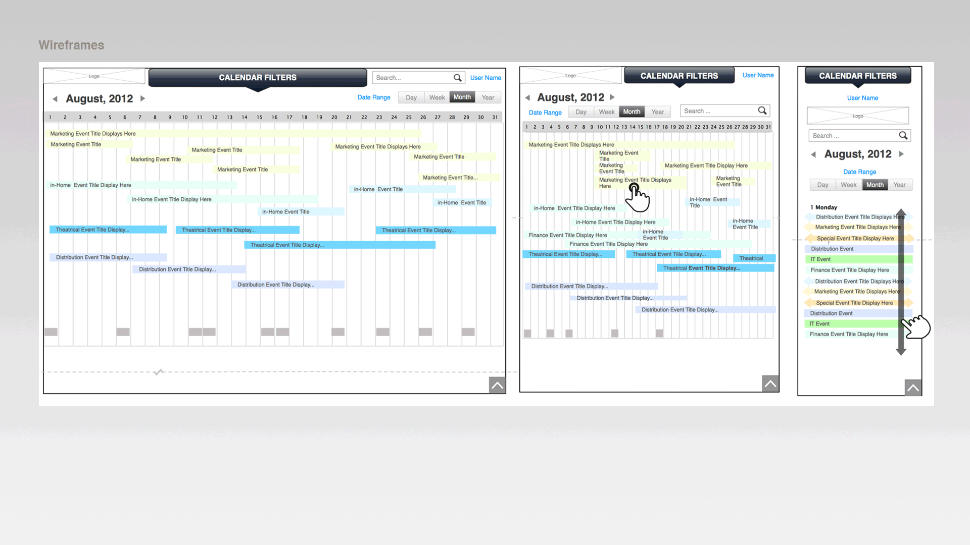 Event calendar with responsive design across Desktop, iPad, and Mobile
