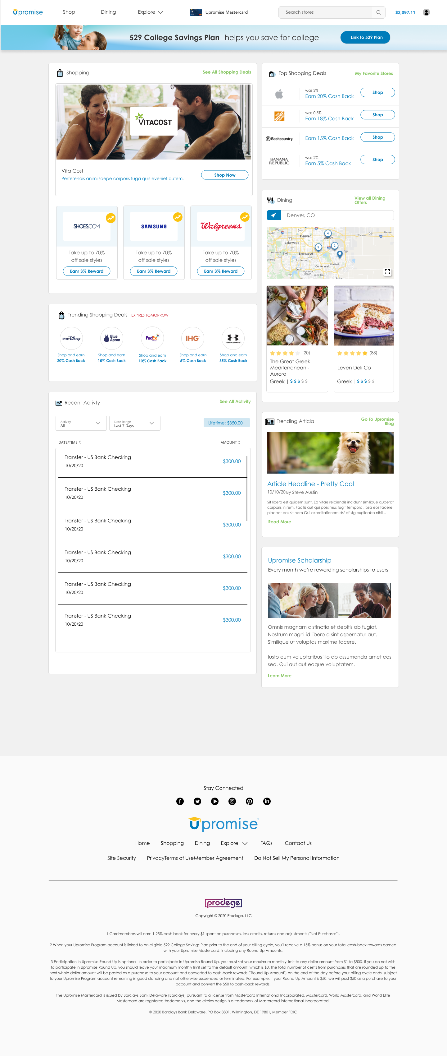 Upromise homepage — consumer-facing rewards and college savings platform